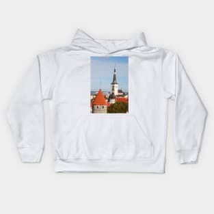 View from Toompea of the Lower Town, Old Town with Olai's Church or Oleviste Kirik, and a tower of the city wall, Tallinn, Estonia, Europe Kids Hoodie